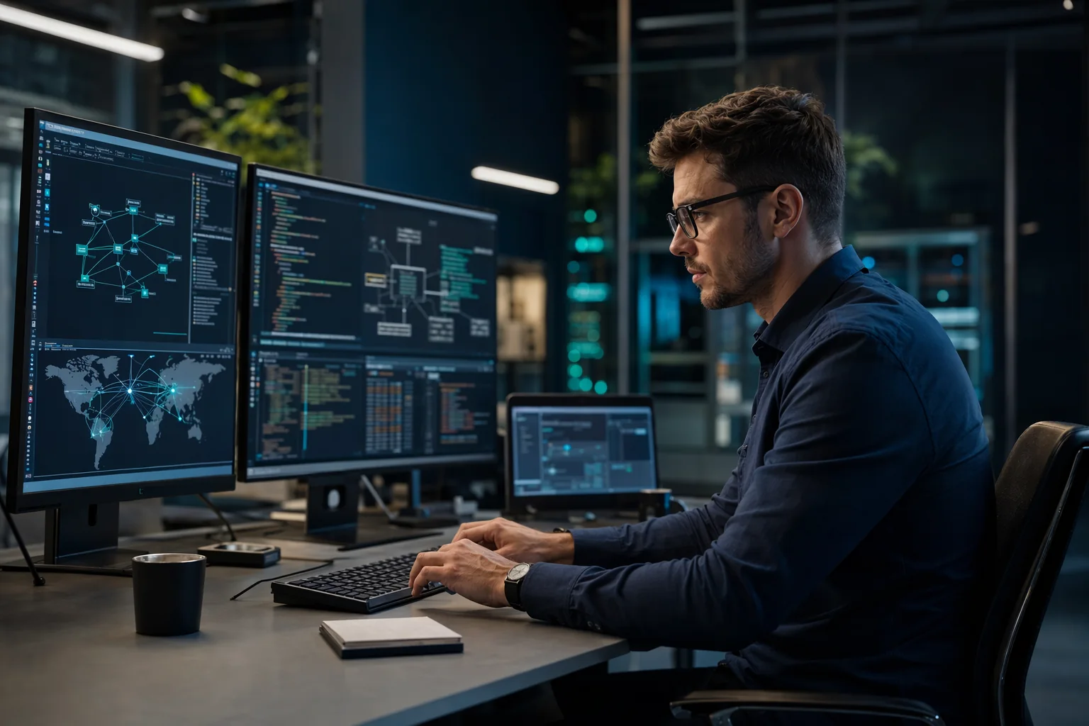 Cybersecurity specialist reviewing a protected system